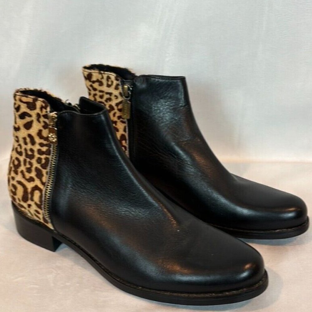 Blondo Women's Cheeta Print Acent Aqua protected‎ Black Leather Booties Size 9